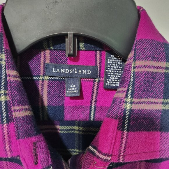 Lands End Women's Portuguese Flannel Long Sleeve Purple Plaid Shirt- Large - Picture 2 of 6